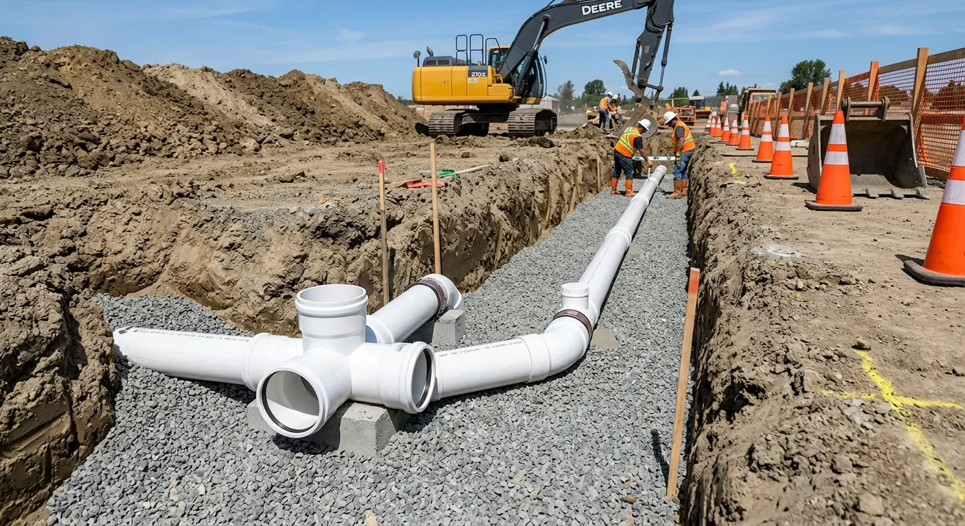 New PVC sewer pipe installation in open trench for Commercial Drain Cleaning in Sparks