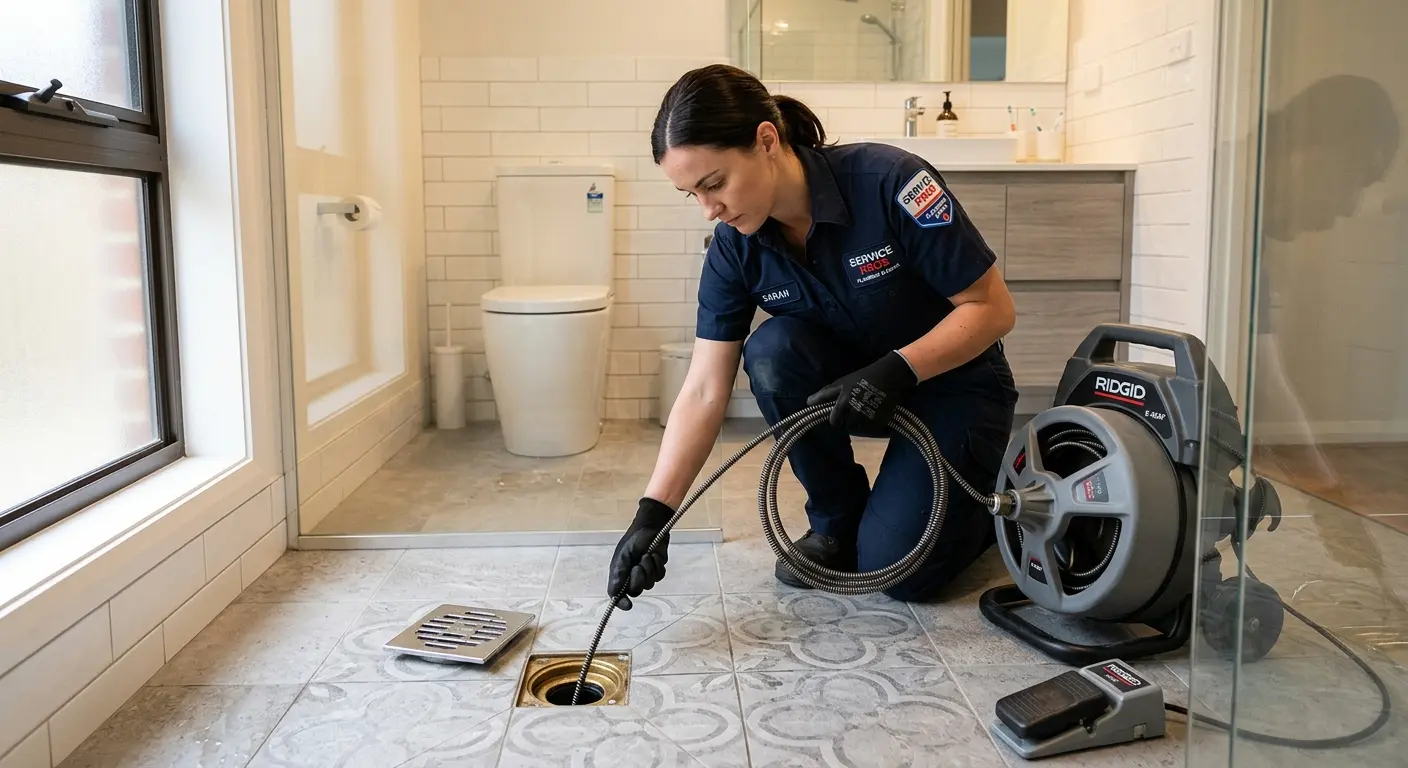 Technician clearing a bathroom floor drain for Drain Cleaning in Sparks